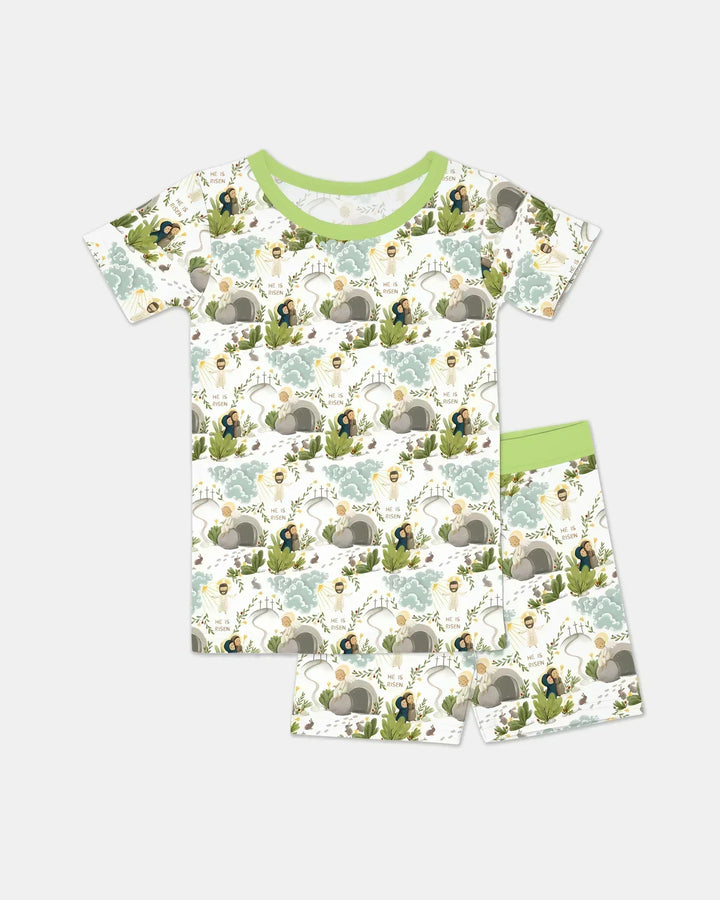 Matthew 28:1–8 He Is Risen Bamboo Two Piece Short Sleeve Shorts Pajama Set