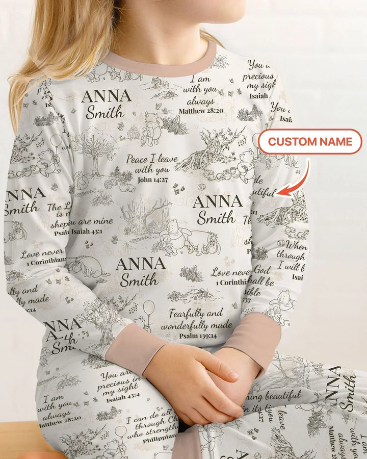 Classic Bear Bible Verse Custom Name Bamboo Two Piece Long Sleeve Pajama Set