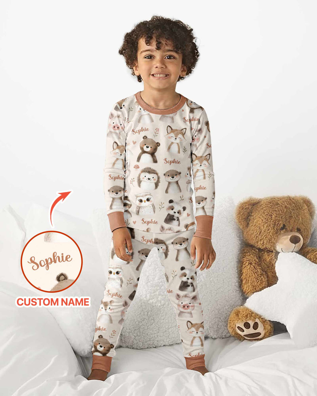 Custom Name Watercolor Woodland Bamboo Two Piece Long Sleeve Pajama Set