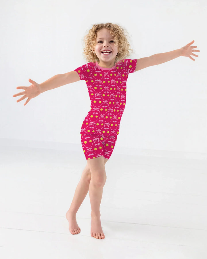Pijama de dos piezas de bambú de manga corta con pantalones cortos a juego para madre e hija, diseño de béisbol y sóftbol de cerezas
