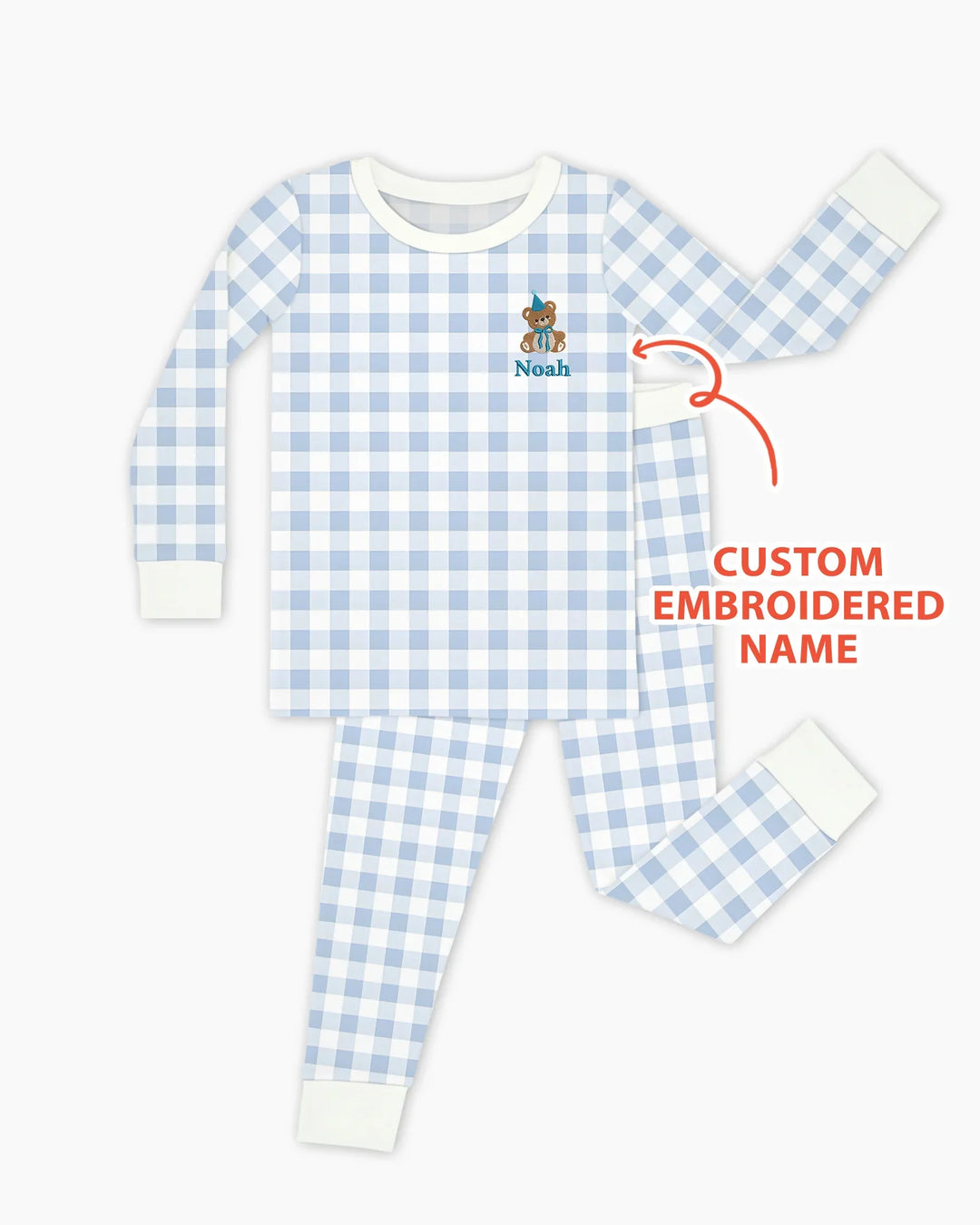 Custom Embroidered Name Birthday Teddy Bamboo Two Piece Long Sleeve Pajama Set