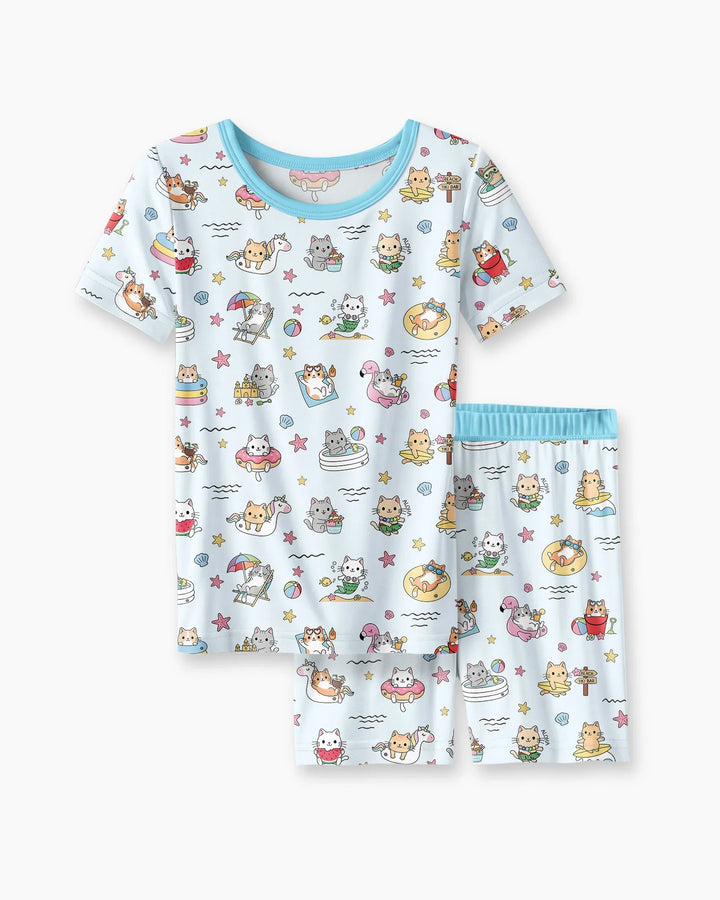 Kawaii Cats Summer Vacation Bamboo Two Piece Short Sleeve Shorts Pajama Set