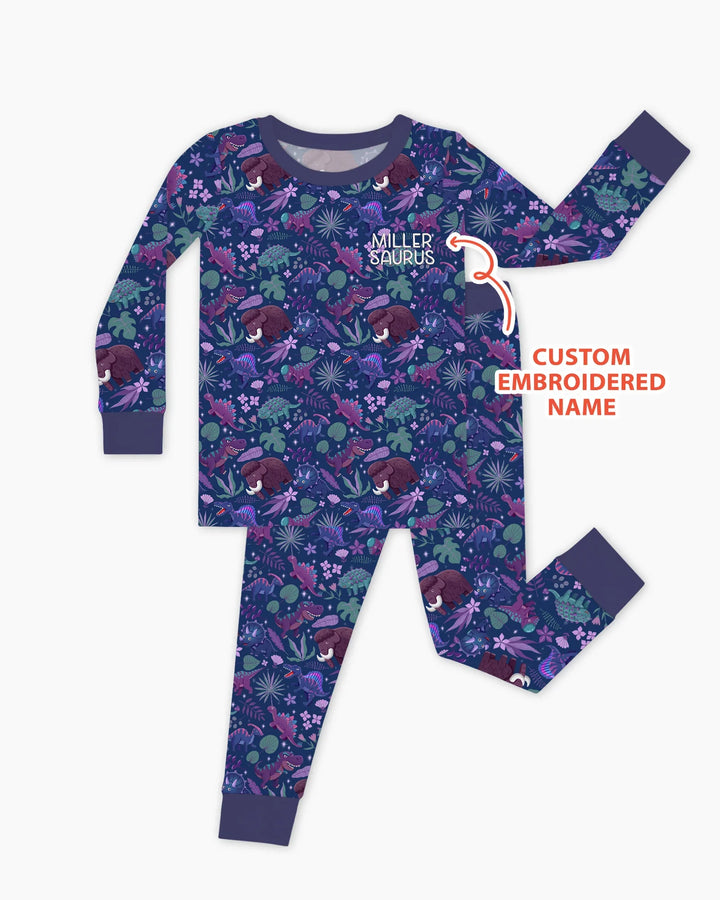 Conjunto de pijama de dos piezas de bambú de manga larga Dino Dream Night bordado con nombre personalizado