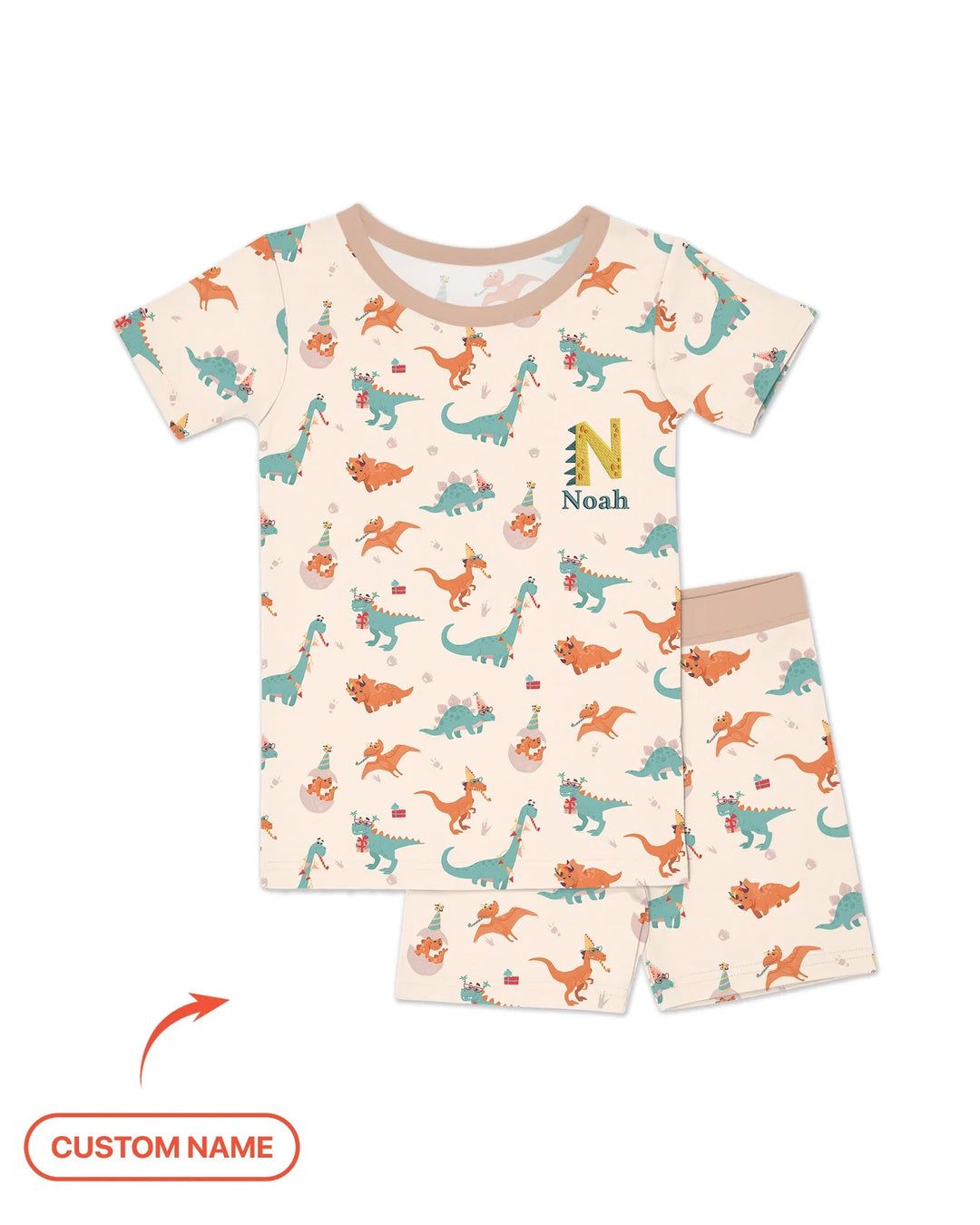 Conjunto de pijama de dos piezas de bambú con dinosaurios bordados, de manga corta y pantalones cortos