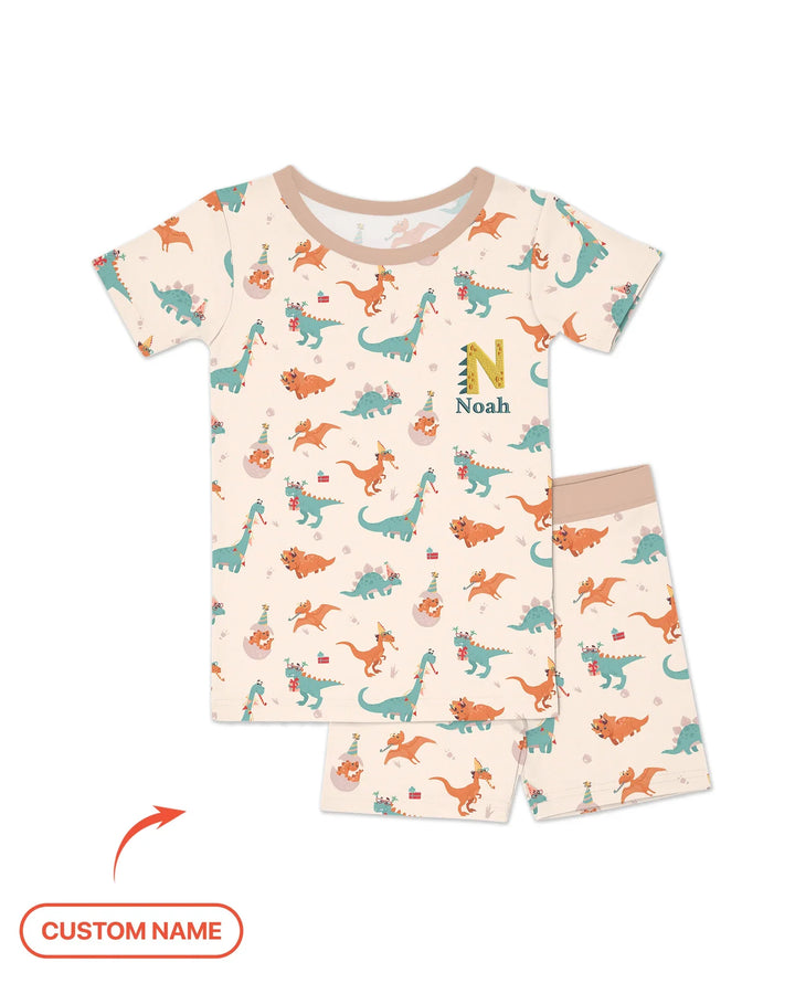 Conjunto de pijama de dos piezas de bambú con dinosaurios bordados, de manga corta y pantalones cortos