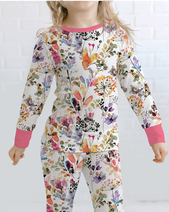 Wildflower Watercolor Garden Bamboo Two Piece Long Sleeve Pajama Set