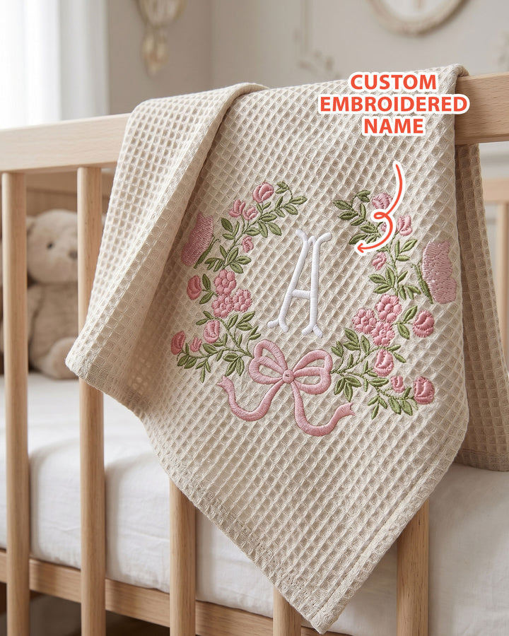 Personalized Flower Wreath Embroidered Waffle Bamboo Blanket