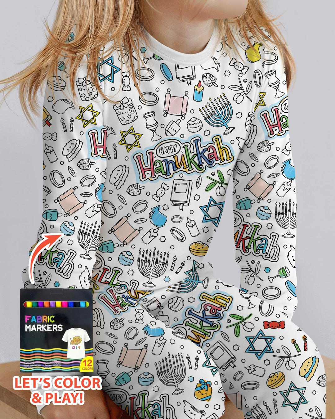 Happy Hanukkah Colorable Bamboo Two Piece Long Sleeve Pajama Set