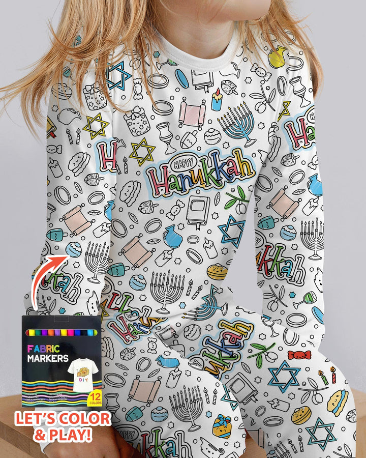 Happy Hanukkah Colorable Bamboo Two Piece Long Sleeve Pajama Set