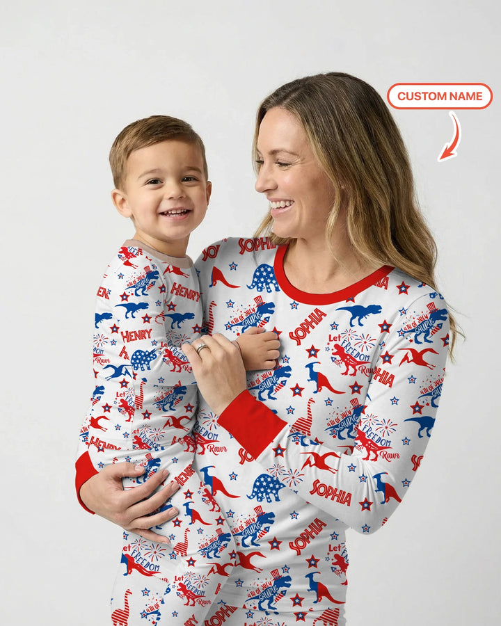 Custom Name Patriotic Dinosaur Bamboo Two Piece Short Sleeve Shorts Pajama Set