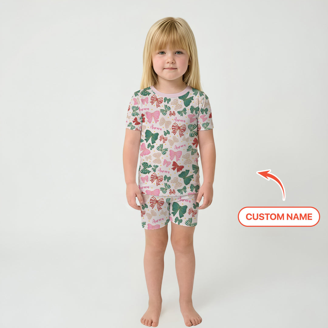 Custom Name Preppy Coquette Bows Two Piece Short Sleeve Shorts Pajama Set
