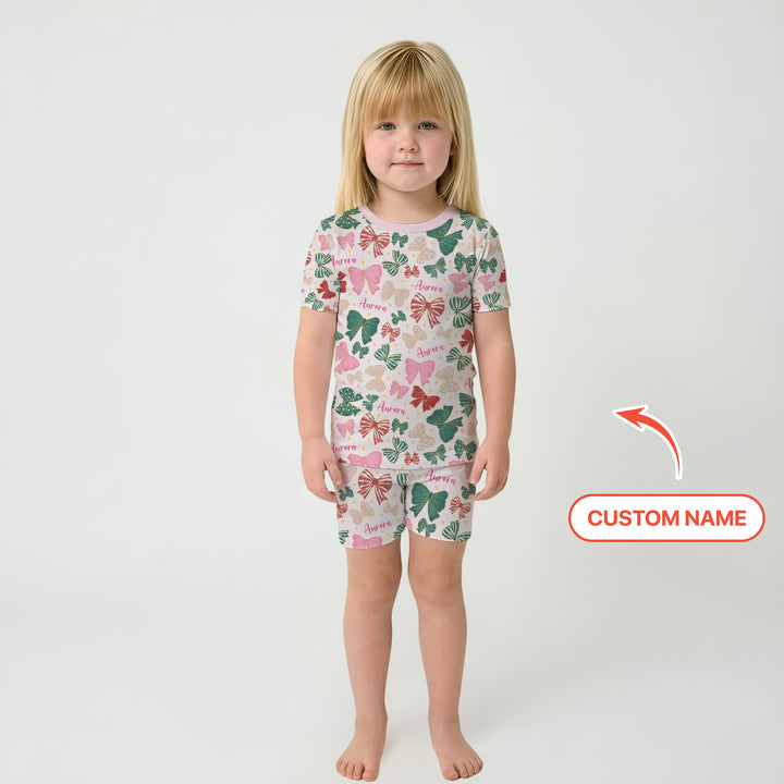 Custom Name Preppy Coquette Bows Two Piece Short Sleeve Shorts Pajama Set