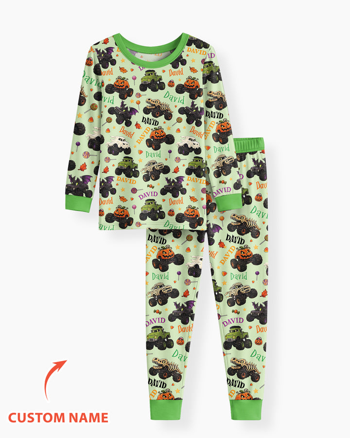 Spooky Monster Truck Custom Name Bamboo Two Piece Long Sleeve Pajama Set