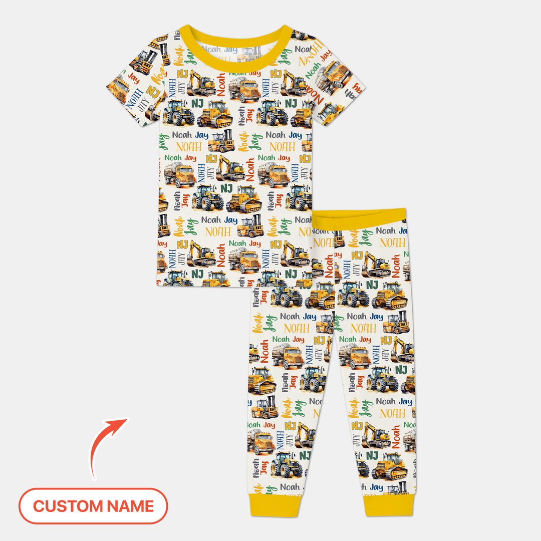 Custom Name Construction Trucks Two Piece Short Sleeve Pajama Set