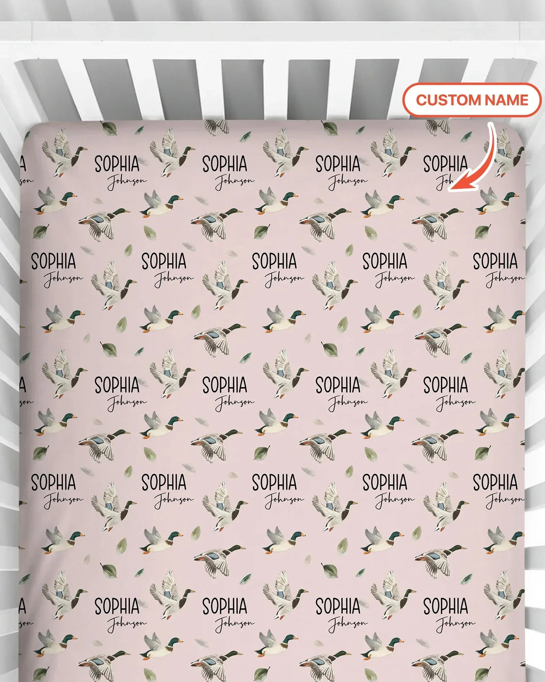 Sábana ajustable de bambú para cuna de pato mallard con nombre personalizado