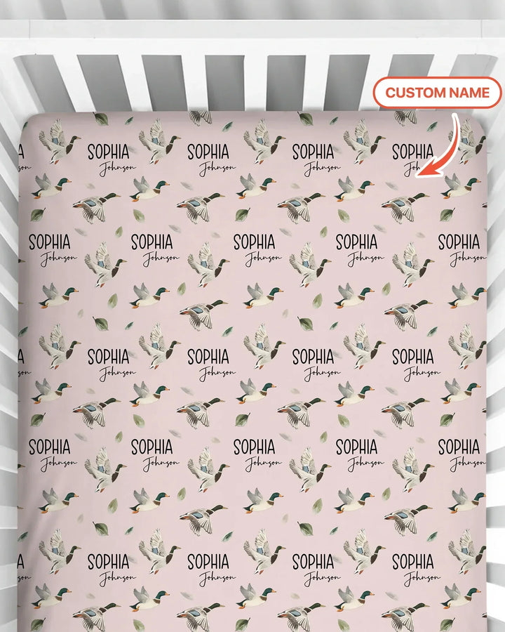 Sábana ajustable de bambú para cuna de pato mallard con nombre personalizado