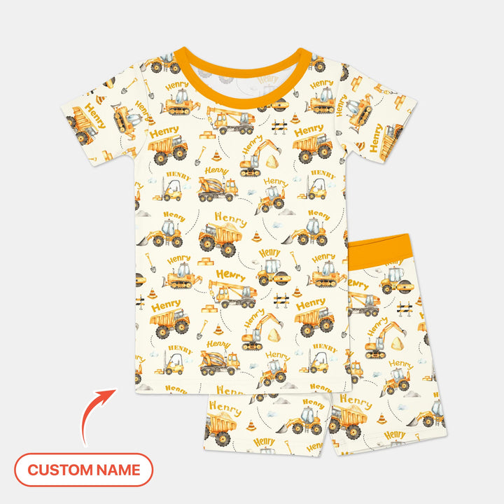 Constructions Machines Custom Name Two Piece Short Sleeve Shorts Pajama Set