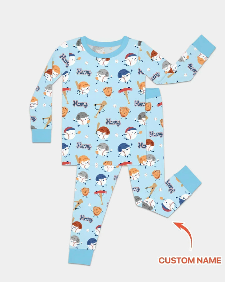 Custom Name Ballparl Family Matching Bamboo Two Piece Long Sleeve Pajama Set