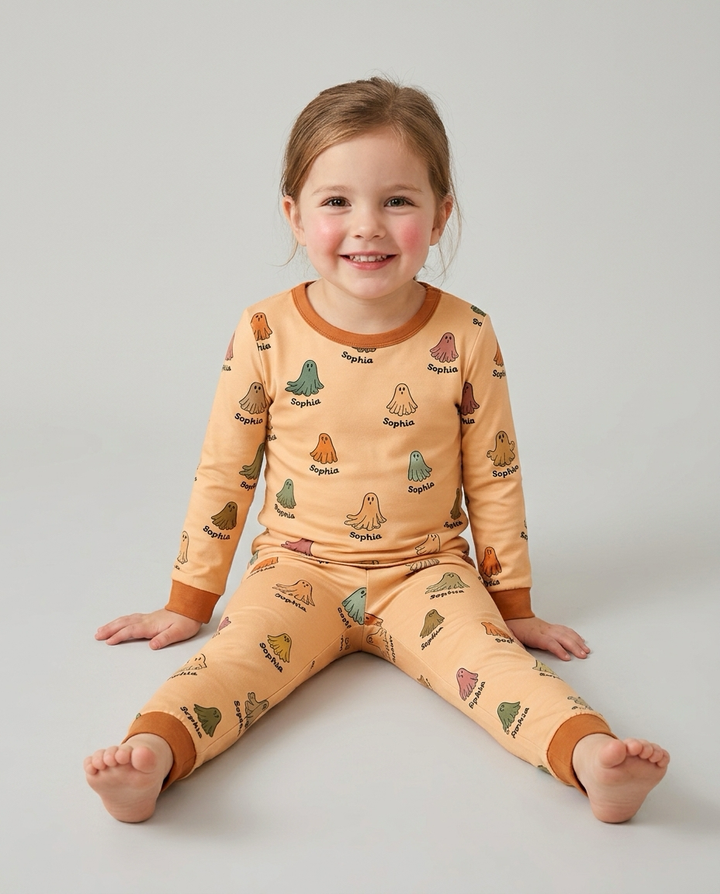 Cute Boo Ghost Vintage Halloween Bamboo Two Piece Long Sleeve Pajama Set