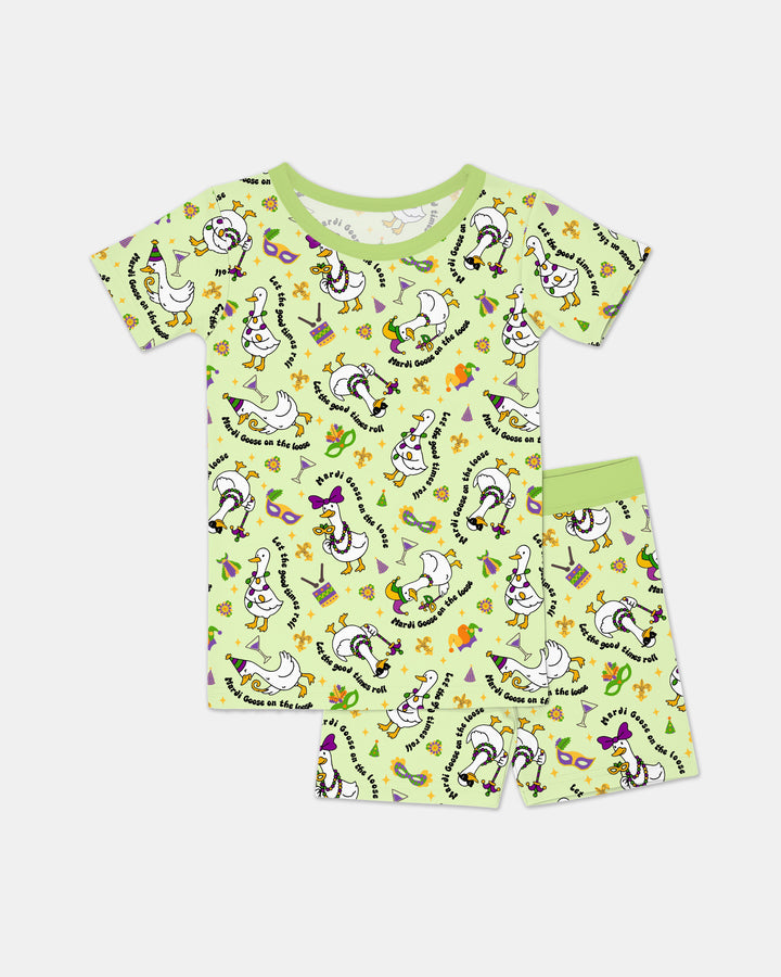 Mardi Gras Silly Goose Two Piece Short Sleeve Shorts Pajama Set