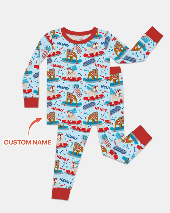 Personalized Patriotic Skate Pups Family Matching Two Piece Long Sleeve Pajama Set