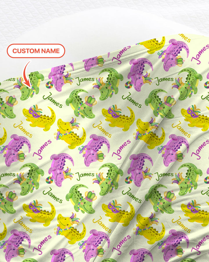 Custom Name Mardi Gras Alligator Swaddle Blanket