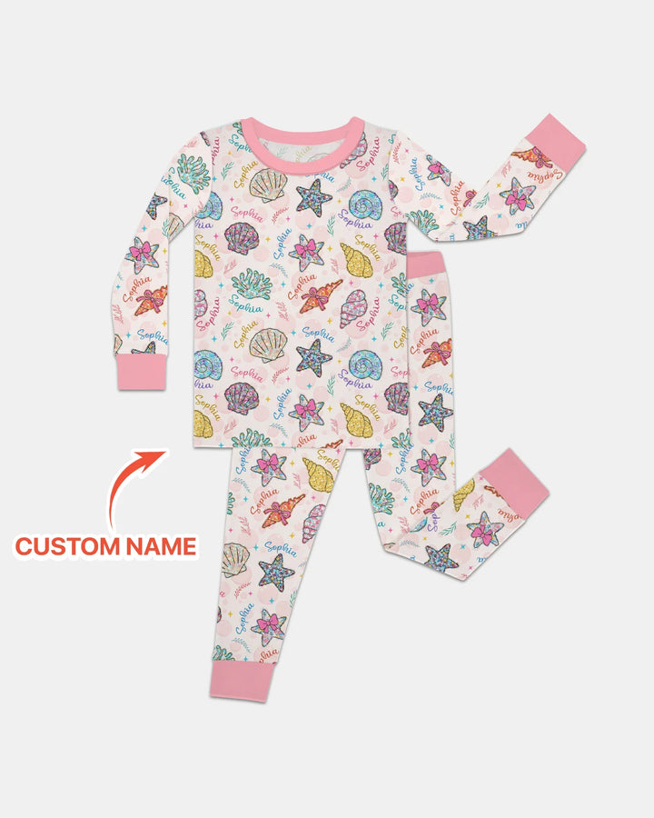 Custom Name Seaside Wildflower Summer Bamboo Two Piece Long Sleeve Pajama Set