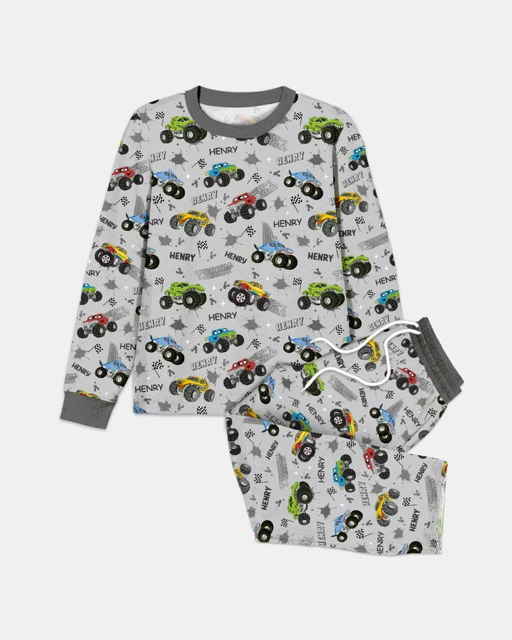Monster Truck Dirt Jam Custom Name Daddy & Me Matching Bamboo Men's Pajama Set