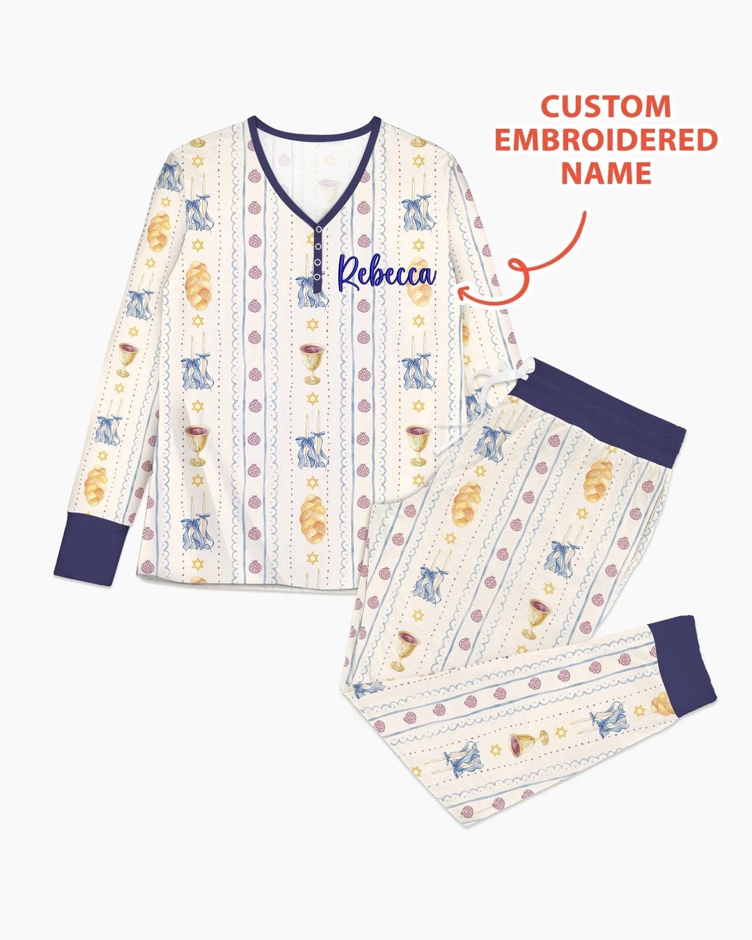 Personalisierter, bestickter Shabbat-Pyjama für Damen aus Bambus im Partnerlook mit Mama