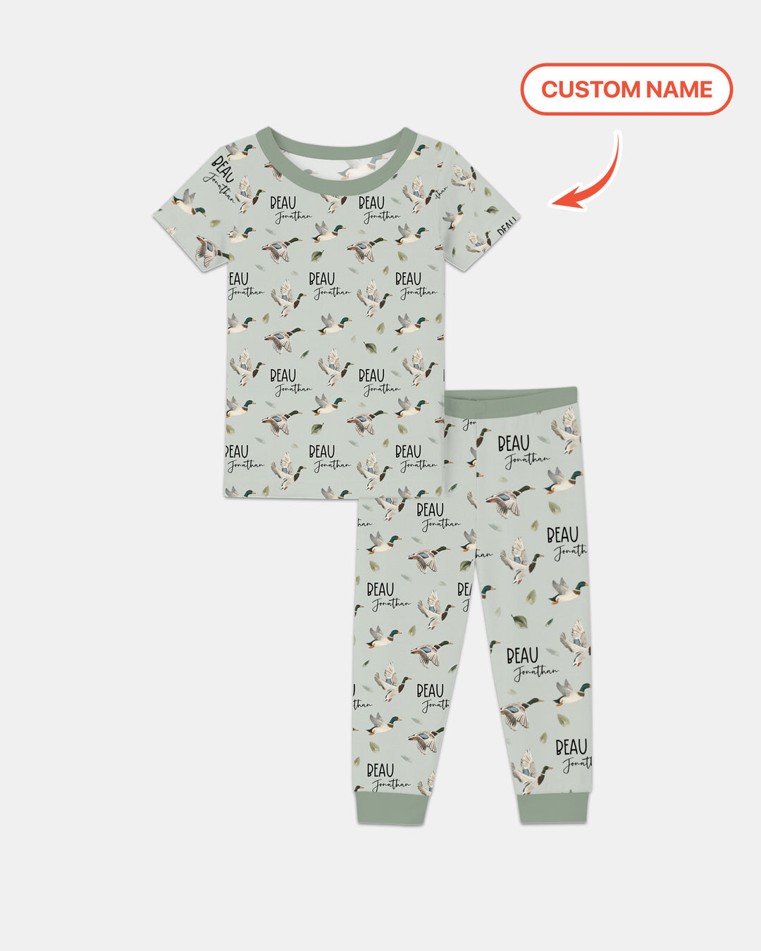 Custom Name Mallard Duck Two Piece Short Sleeve Pajama Set