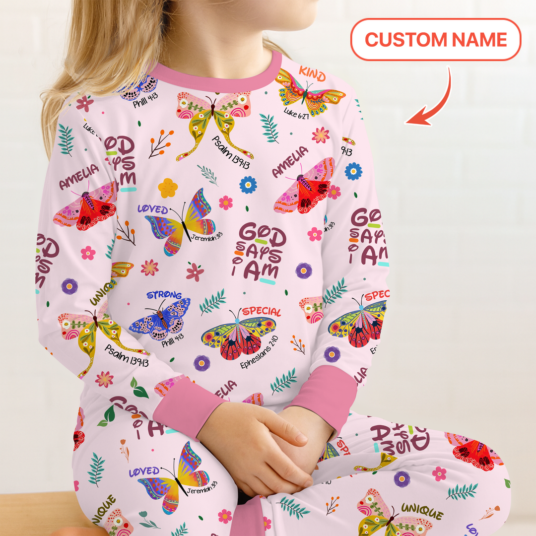 Custom Name God says I am Butterfly Two Piece Long Sleeve Pajama Set