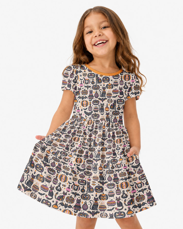 Whimsical Tribal Retro Halloween Black Cats Pumpkins Bamboo Twirl Dress