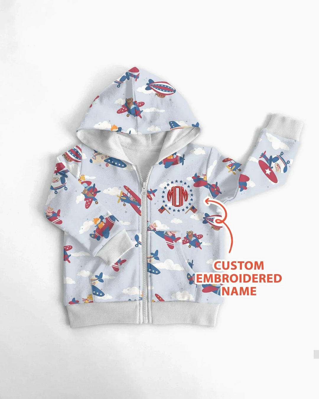 Custom Name Embroidered American Pilot  Bamboo Zip Hoodie