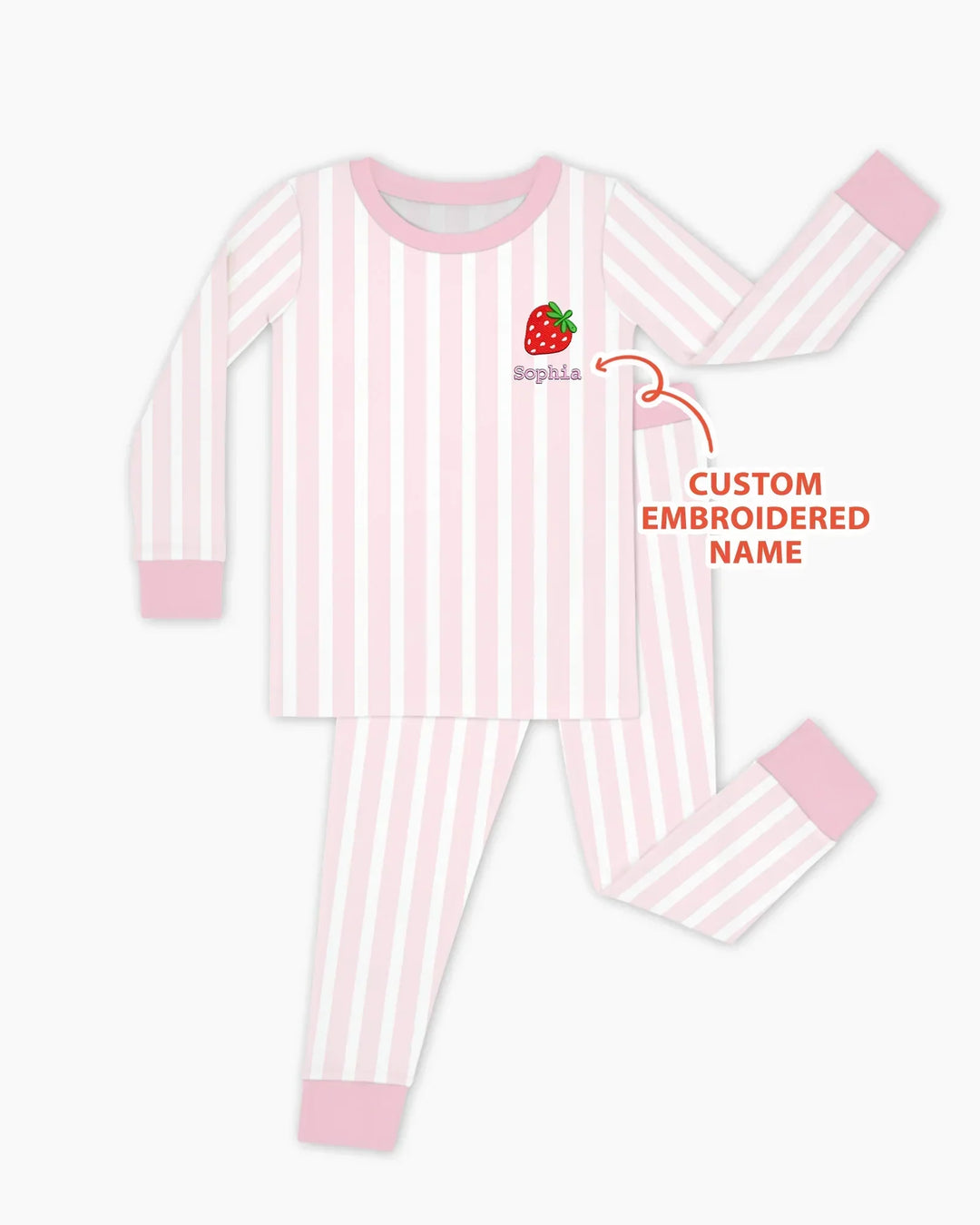 Pijama de dos piezas de bambú rosa con rayas bordado personalizado de manga larga para bebé