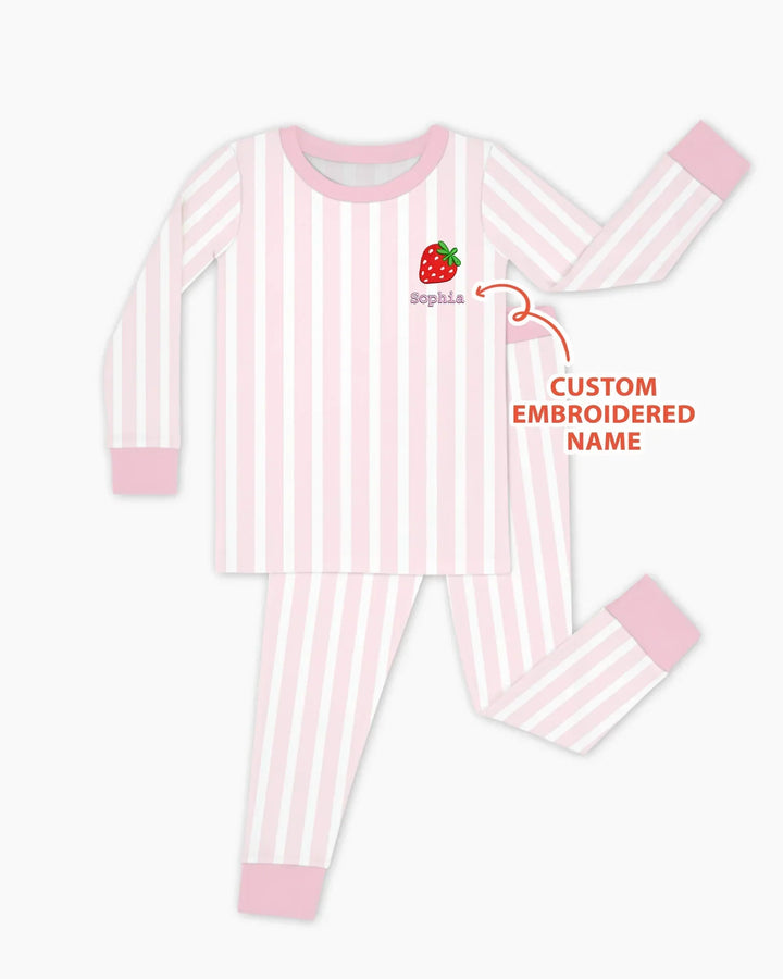 Pijama de dos piezas de bambú rosa con rayas bordado personalizado de manga larga para bebé