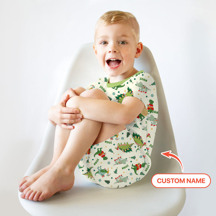 Custom Name Dinosaurs Christmas Tree Two Piece Short Sleeve Shorts Pajama Set