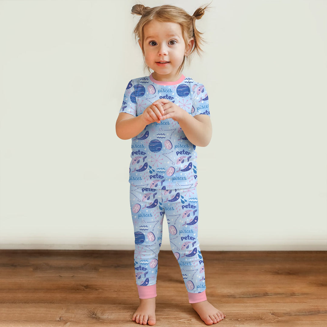 Custom Name Zodiac Pisces Two Piece Short Sleeve Pajama Set