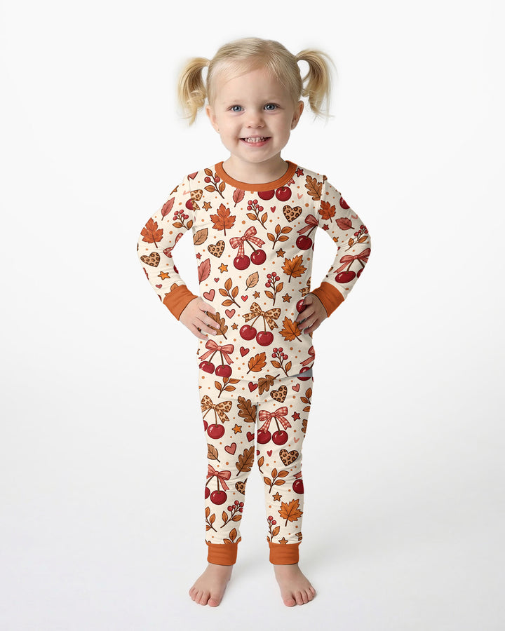 Coquette Bow Cherry Fall Leopard Bamboo Two Piece Long Sleeve Pajama Set