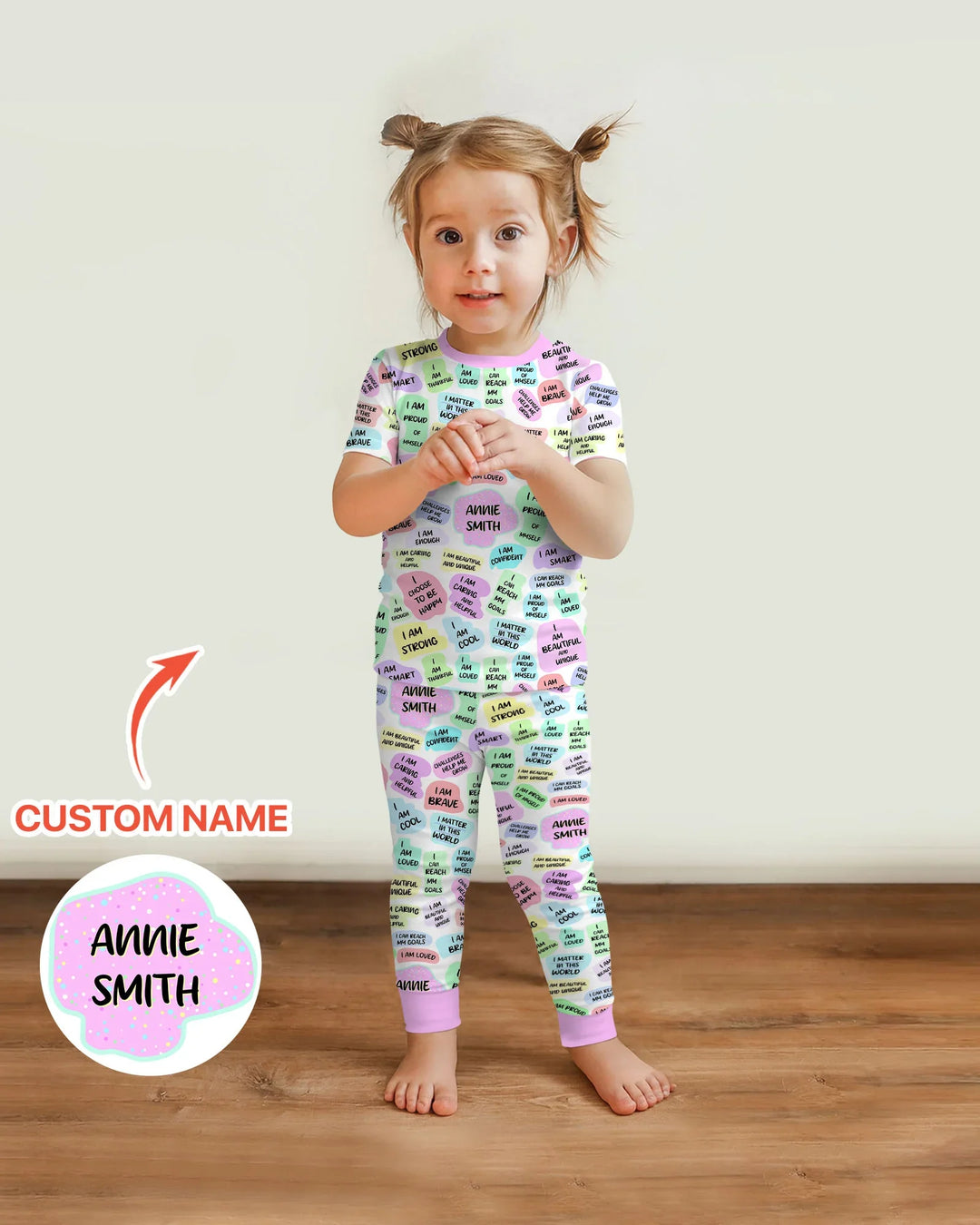Conjunto de Pijama de Dos Piezas de Bambú de Manga Corta con Afirmaciones Diarias para Mamá y Bebé