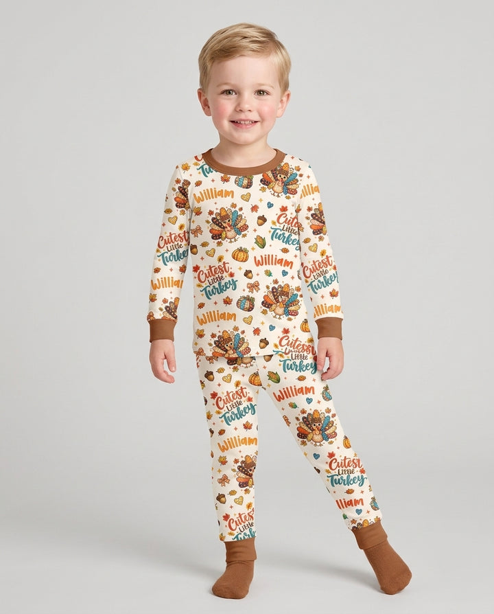 Custom Name Cutest Little Turkey Bamboo Two Piece Long Sleeve Pajama Set