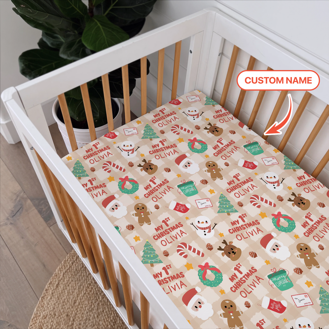 Custom Name My First Christmas Mocha Gingham Fitted Crib Sheet