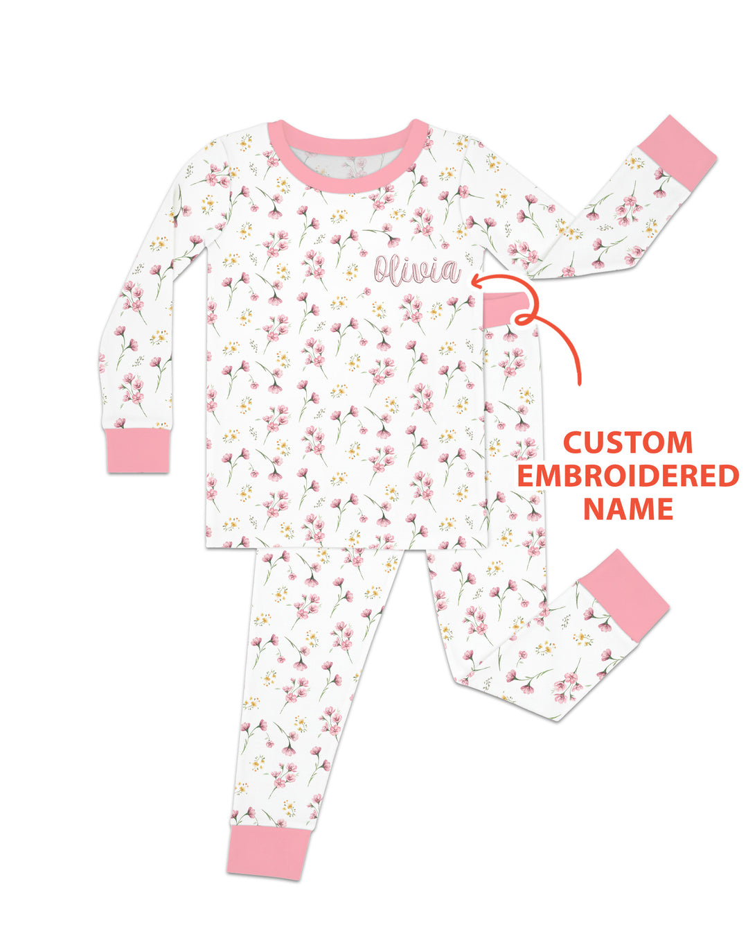 Custom Embroidered Name Floral Whispers Bamboo Two Piece Long Sleeve Pajama Set