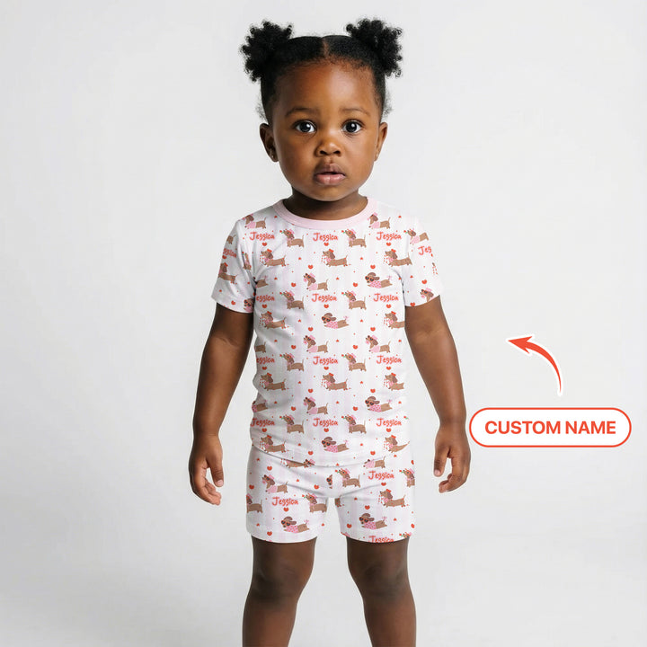 Custom Name Valentine Dachshund Family Matching Two Piece Short Sleeve Shorts Pajama Set