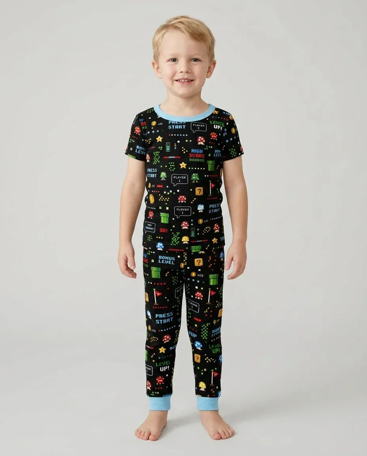 Conjunto de pijama de dos piezas de manga corta de bambú a juego para amantes de los juegos de píxeles