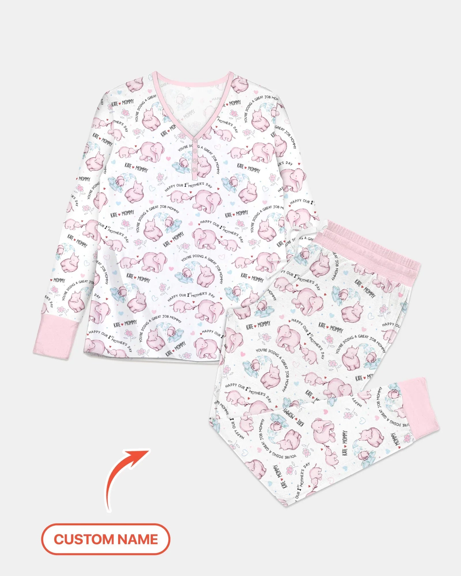 Custom Name Mother & Baby Elephant Women Pajama Set