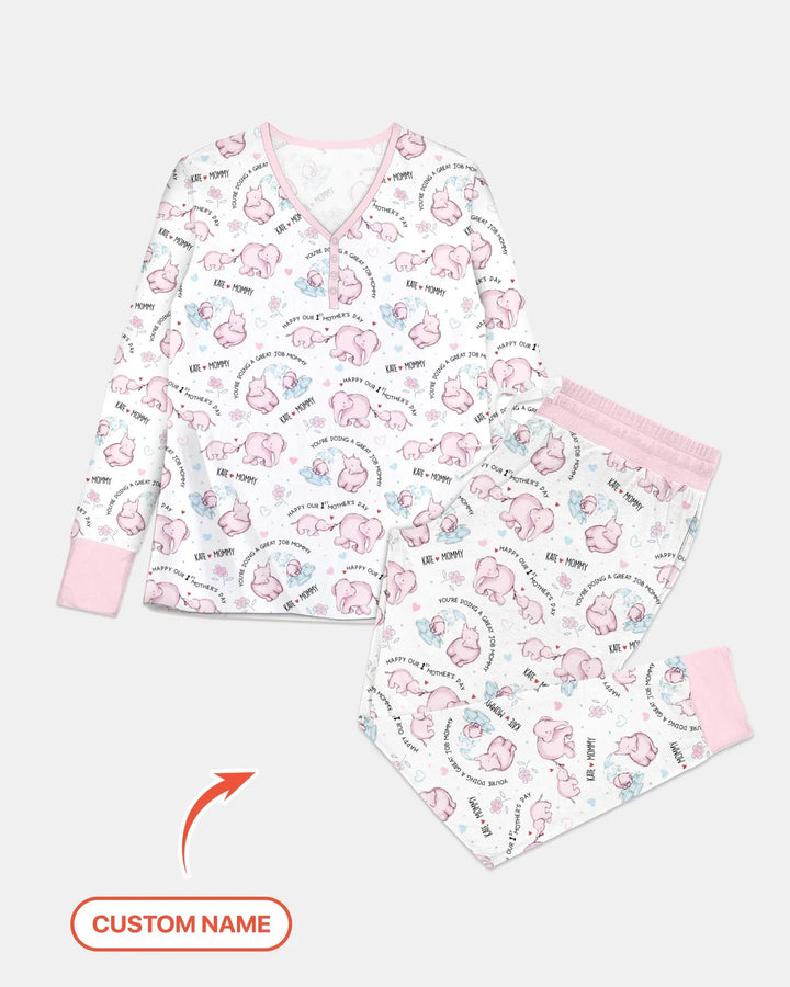 Custom Name Mother & Baby Elephant Women Pajama Set