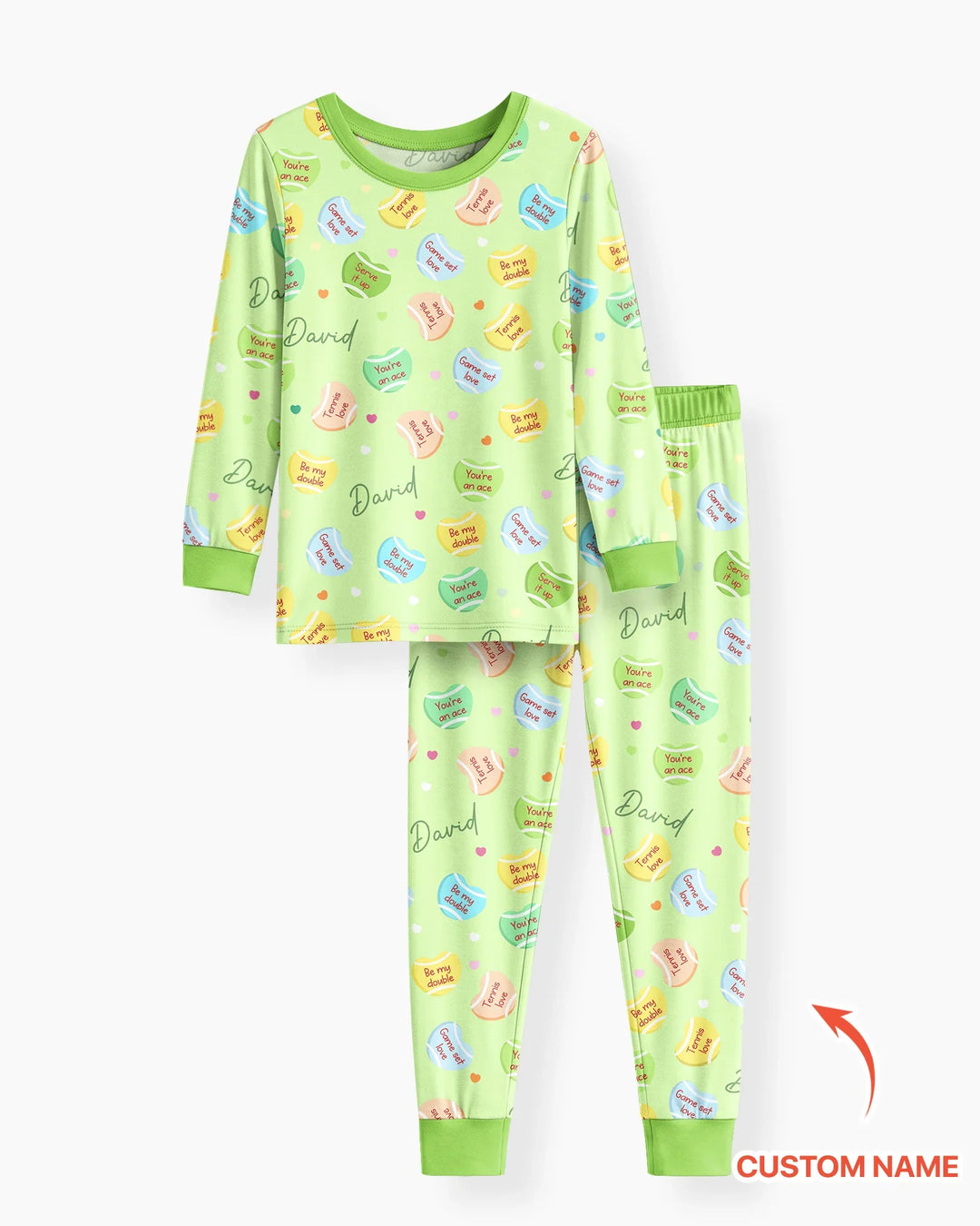 Custom Name Tennis Candy Hearts Bamboo Two Piece Long Sleeve Pajama Set