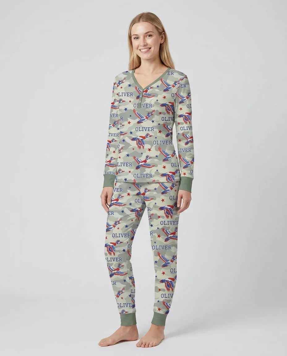 Pyjama-Set aus Bambus für Damen mit Entenmotiv und individueller Namensstickerei, passend für die ganze Familie
