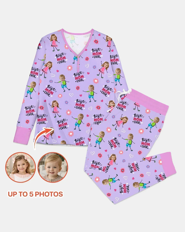 Custom Photo "Best Mom Ever" Doodle Bamboo Women Pajama Set
