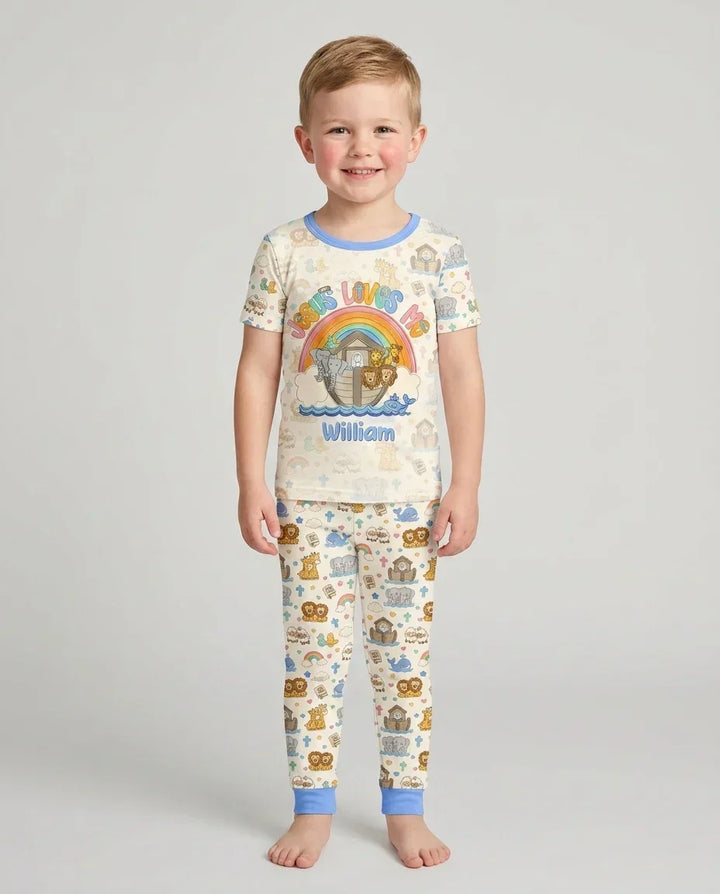 Custom Name Noah's Ark Jesus Loves Me Bamboo Two Piece Short Sleeve Pajama Set